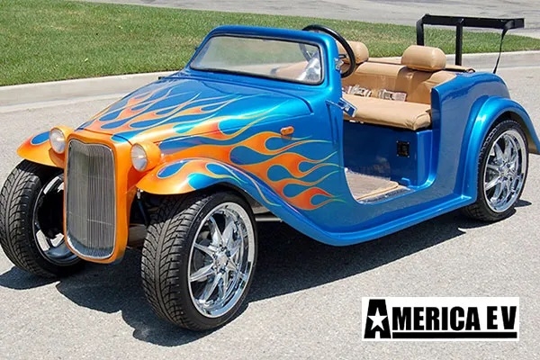 Blue California Roadster with Orange Flames affordable golf cart rental, golf cart rent greensboro