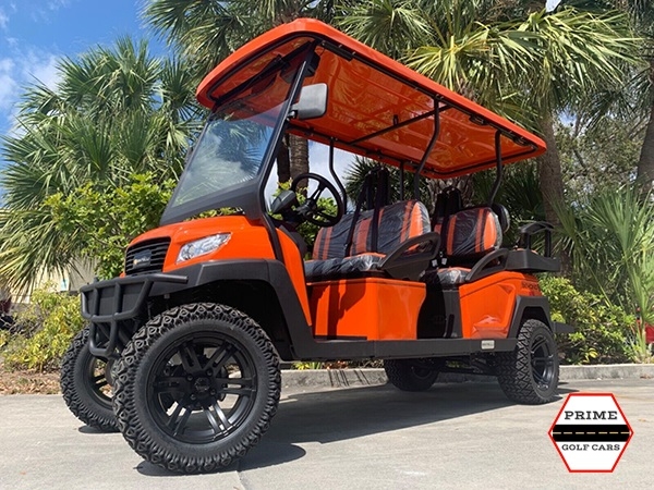 Orange Bintelli Beyond 6 Passenger Lifted Golf Cart affordable golf cart rental, golf cart rent greensboro