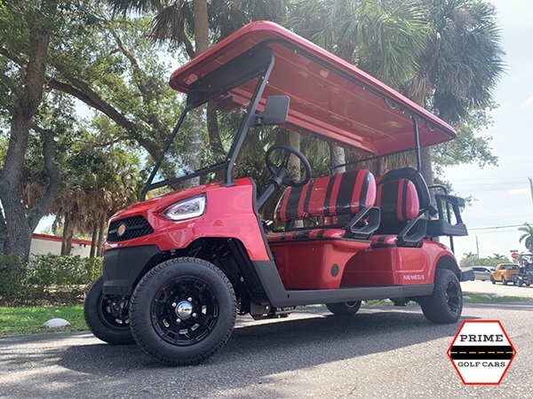 Red Bintelli Beyond 6 Passenger Golf Cart affordable golf cart rental, golf cart rent greensboro