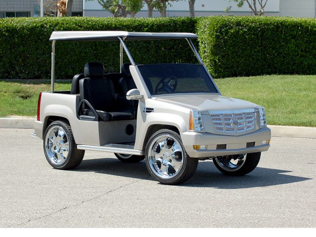 Silver Escalade Golf Cart With Roof and Custom Wheels affordable golf cart rental, golf cart rent greensboro