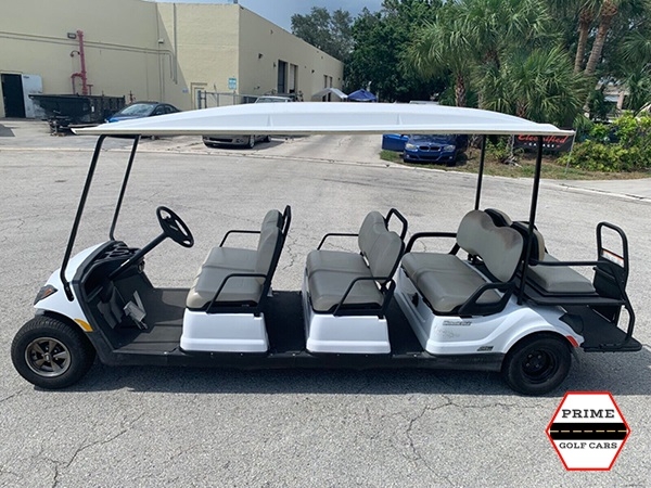 White 8 Passenger Yamaha Limo Golf Cart affordable golf cart rental, golf cart rent greensboro