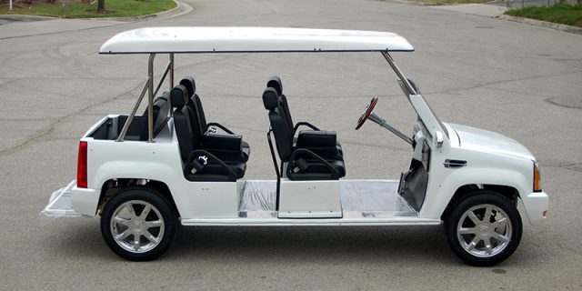 White Escalade Limo Golf Cart affordable golf cart rental, golf cart rent greensboro
